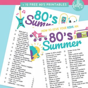 Get ready for big hair, roller skates, boom boxes cassette tapes with our How To Give Your Kids An 80's Summer printable! This download has a ton of 80's summer bucket list items that will get your kids feeling like kids and enjoying each day all summer long! Also includes a fun 80's summer playlist that they can play on repeat. Make sure you also check out the X free 80's printables including cards, stickers, coloring sheets and more!
