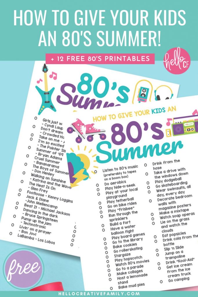 Get ready for big hair, roller skates, boom boxes cassette tapes with our How To Give Your Kids An 80's Summer printable! This download has a ton of 80's summer bucket list items that will get your kids feeling like kids and enjoying each day all summer long! Also includes a fun 80's summer playlist that they can play on repeat. Make sure you also check out the X free 80's printables including cards, stickers, coloring sheets and more!