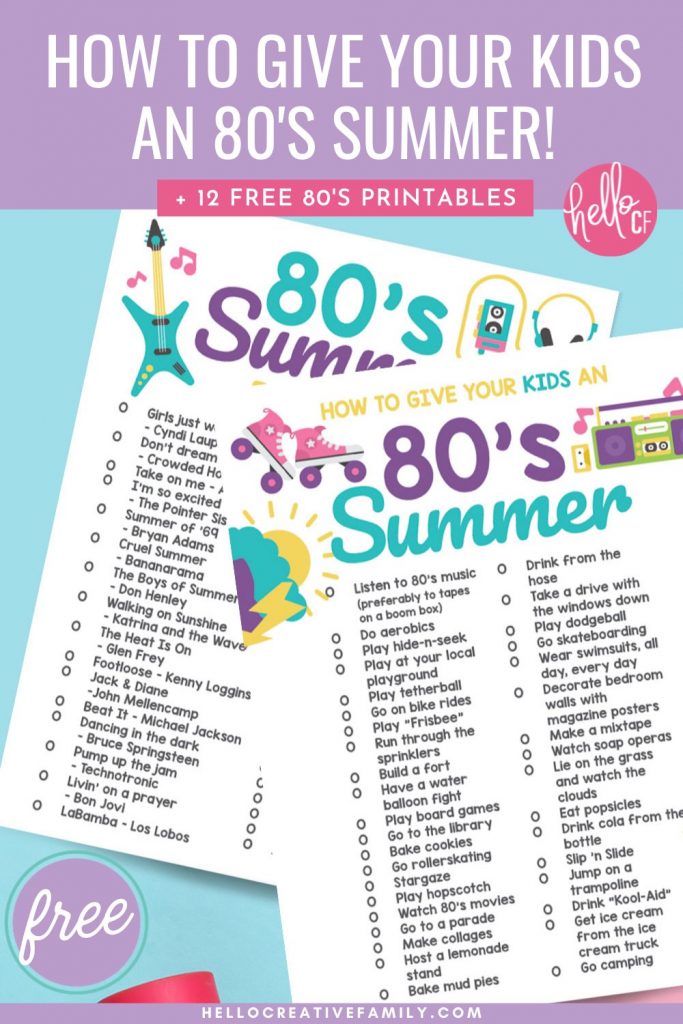 Get ready for big hair, roller skates, boom boxes cassette tapes with our How To Give Your Kids An 80's Summer printable! This download has a ton of 80's summer bucket list items that will get your kids feeling like kids and enjoying each day all summer long! Also includes a fun 80's summer playlist that they can play on repeat. Make sure you also check out the X free 80's printables including cards, stickers, coloring sheets and more!