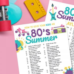 Get ready for big hair, roller skates, boom boxes cassette tapes with our How To Give Your Kids An 80's Summer printable! This download has a ton of 80's summer bucket list items that will get your kids feeling like kids and enjoying each day all summer long! Also includes a fun 80's summer playlist that they can play on repeat. Make sure you also check out the X free 80's printables including cards, stickers, coloring sheets and more!