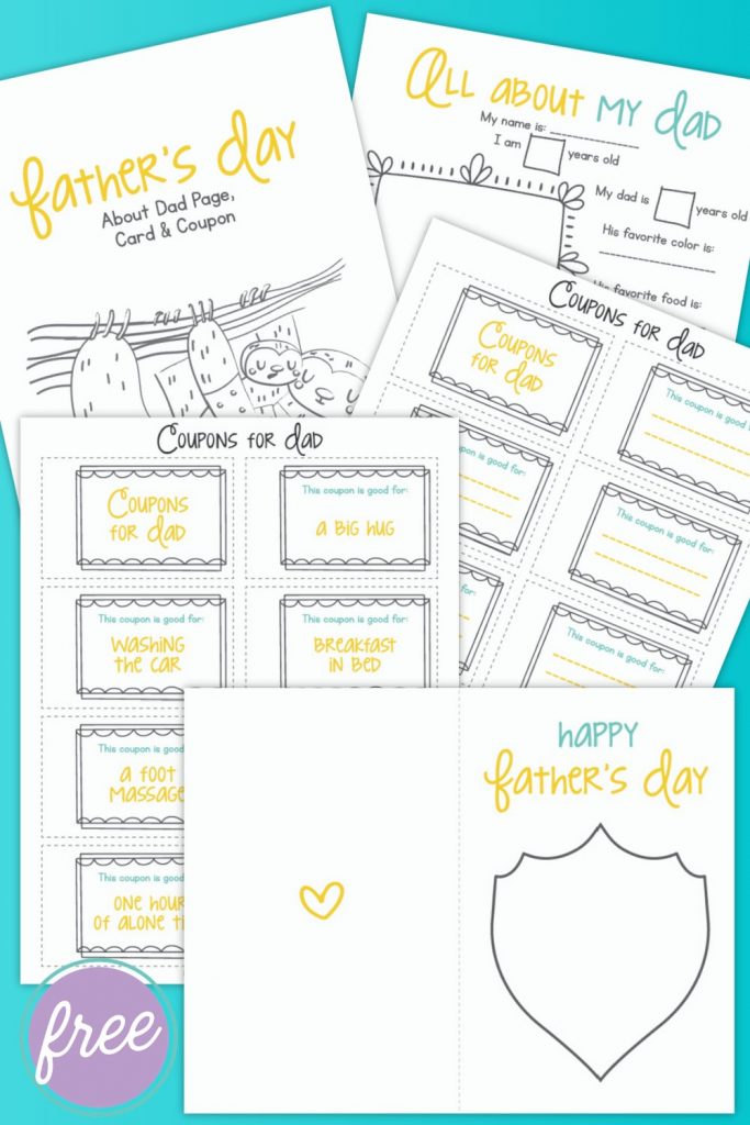 Happy Father's Day! We have a super cute, free Father's Day Printable Bundle that kids can fill out for their dad! It includes a coupon book for dad, "All About My Dad" questionnaire and a DIY Father's Day card for kids to fill out. A fun Father's Day activity for elementary school aged kids. Makes a sweet handmade birthday present for dads too!