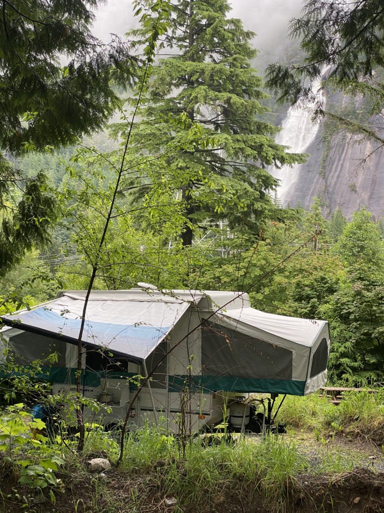 Freedom Rockwood Tent Trailer Sitting in Front of Shannon Falls at Klahanie Campground