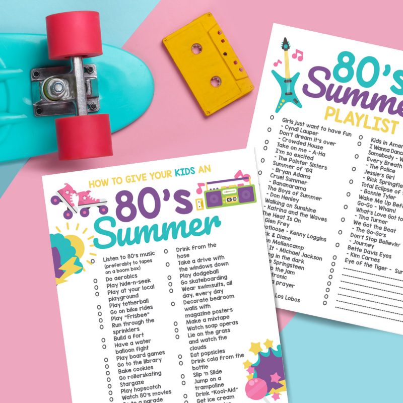 Get ready for big hair, roller skates, boom boxes cassette tapes with our How To Give Your Kids An 80's Summer printable! This download has a ton of 80's summer bucket list items that will get your kids feeling like kids and enjoying each day all summer long! Also includes a fun 80's summer playlist that they can play on repeat. Make sure you also check out the X free 80's printables including cards, stickers, coloring sheets and more!