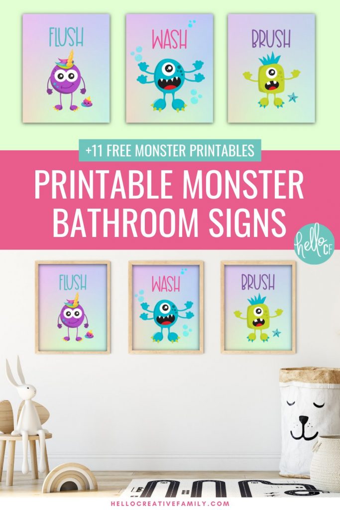 Download 11 free monster printables that your family is sure to love in our brand new monster printable collection! Includes a set of monster bathroom signs that say Flush, Wash and Brush for decorating kids bathrooms! Other free printables include monster spray, monster coloring sheets, monster activity sheets and more! Great for monster birthday decorations and fun!