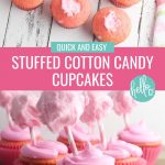 Capture those summertime dessert feelings all year long with this delicious, stuffed cotton candy cupcakes recipe! This yummy dessert is quick and easy to make using a boxed cake mix, but the decorations take it over the top giving it a super fun carnival twist! A fun dessert idea for birthday parties and baby showers!