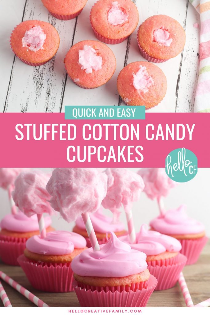 Capture those summer dessert time feelings all year long with this delicious, stuffed cotton candy cupcakes recipe! This yummy dessert is quick and easy to make using a boxed cake mix, but the decorations take it over the top giving it a super fun carnival twist! A fun dessert idea for birthday parties and baby showers!