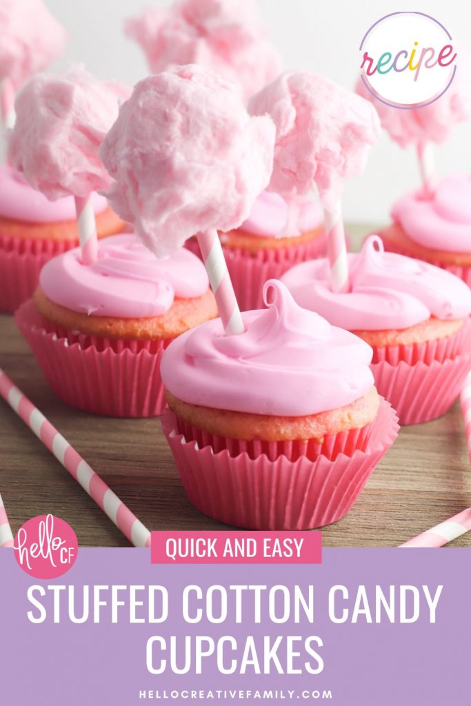 Capture those summertime dessert feelings all year long with this delicious, stuffed cotton candy cupcakes recipe! This yummy dessert is quick and easy to make using a boxed cake mix, but the decorations take it over the top giving it a super fun carnival twist! A fun dessert idea for birthday parties and baby showers!