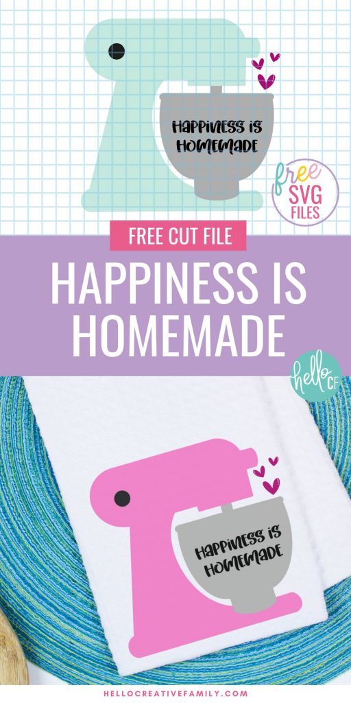 Spread a bit of happiness with our free Happiness Is Homemade SVG File. This kitchen themed cut file is perfect for making handmade gifts including DIY dish towels, mugs, shirts and more using your Cricut or other electronic cutting machine!