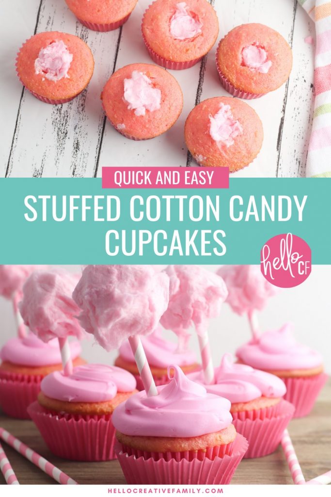 Capture those summertime dessert feelings all year long with this delicious, stuffed cotton candy cupcakes recipe! This yummy dessert is quick and easy to make using a boxed cake mix, but the decorations take it over the top giving it a super fun carnival twist! A fun dessert idea for birthday parties and baby showers!