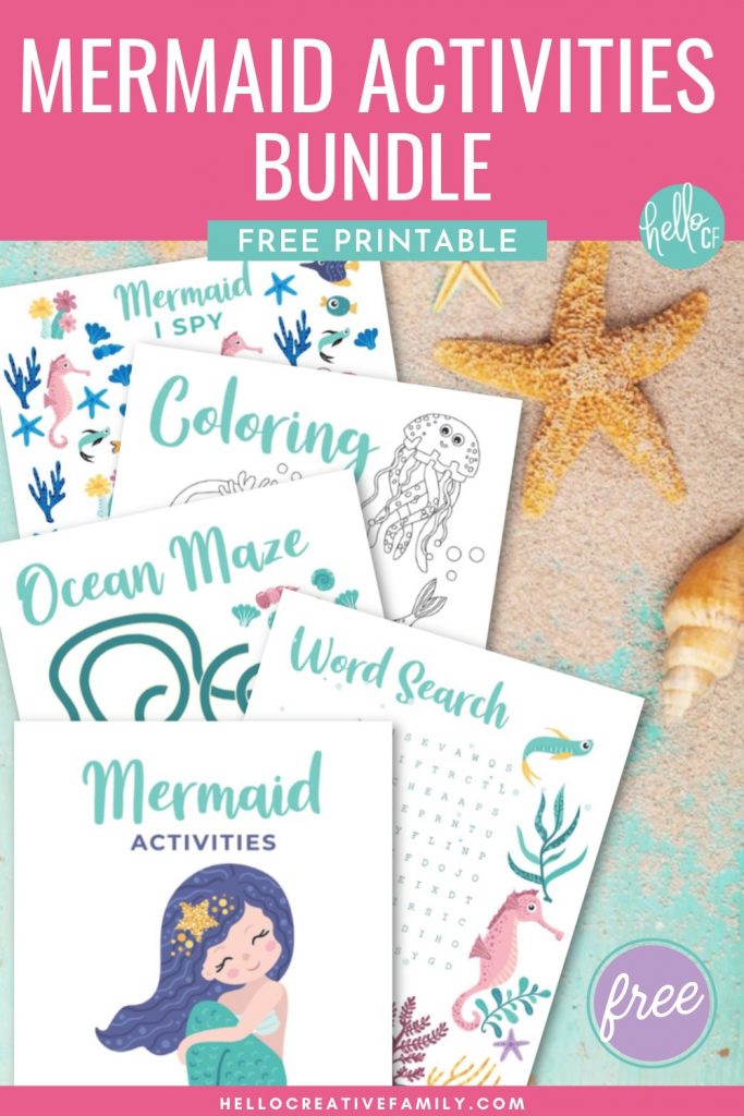 Free printable mermaid activities! Includes a mermaid word search, mermaid coloring sheet, mermaid I spy and an ocean maze! Perfect for mermaid themed birthday parties, homeschooling activities, and kids boredom busters! These mermaid activity worksheets are as cute as can be! #Printables #Mermaid #MermaidBirthday #ColoringSheet #KidsActivities #SummerCrafts