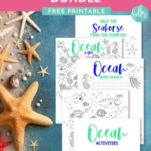 Free Ocean Printable! This 5 page kids activity pack Includes an ocean themed word search, ocean coloring sheet, ocean I spy and an ocean maze all filled with your favorite sea creatures! Perfect for ocean themed birthday parties, homeschooling activities, and kids boredom busters! These kids ocean activity worksheets are as cute as can be! #Printables #kidsactivities #printable #OceanBirthday #ColoringSheet #wordsearch #SummerCrafts #teacher