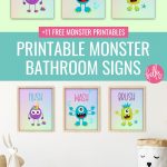 Download 11 free monster printables that your family is sure to love in our brand new monster printable collection! Includes a set of monster bathroom signs that say Flush, Wash and Brush for decorating kids bathrooms! Other free printables include monster spray, monster coloring sheets, monster activity sheets and more! Great for monster birthday decorations and fun!