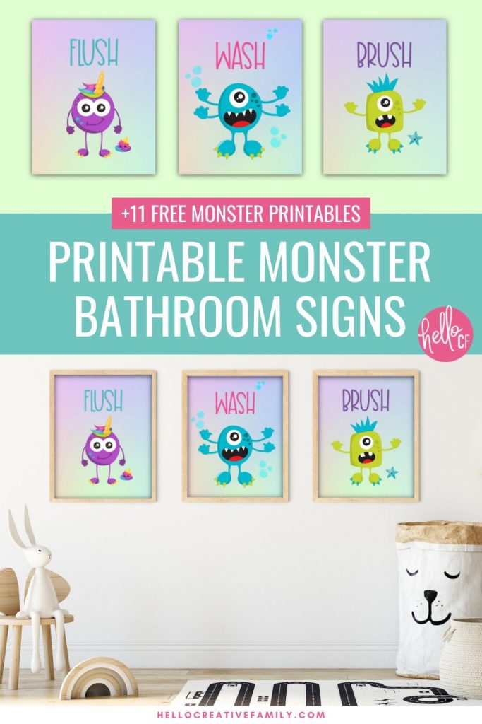 Download 11 free monster printables that your family is sure to love in our brand new monster printable collection! Includes a set of monster bathroom signs that say Flush, Wash and Brush for decorating kids bathrooms! Other free printables include monster spray, monster coloring sheets, monster activity sheets and more! Great for monster birthday decorations and fun! 