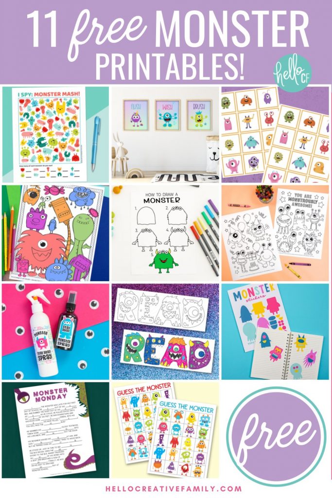 Download 11 free monster printables that your family is sure to love in our brand new monster printable collection! Includes a set of monster bathroom signs that say Flush, Wash and Brush for decorating kids bathrooms! Other free printables include monster spray, monster coloring sheets, monster activity sheets and more! Great for monster birthday decorations and fun!