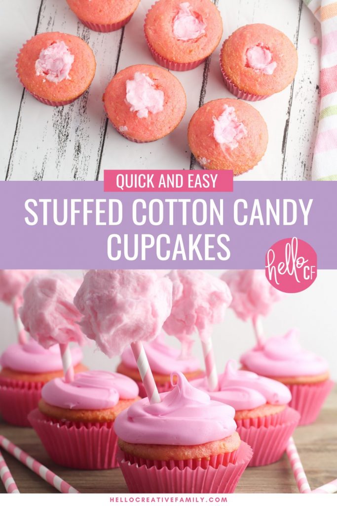 Capture those summertime dessert feelings all year long with this delicious, stuffed cotton candy cupcakes recipe! This yummy dessert is quick and easy to make using a boxed cake mix, but the decorations take it over the top giving it a super fun carnival twist! A fun dessert idea for birthday parties and baby showers!
