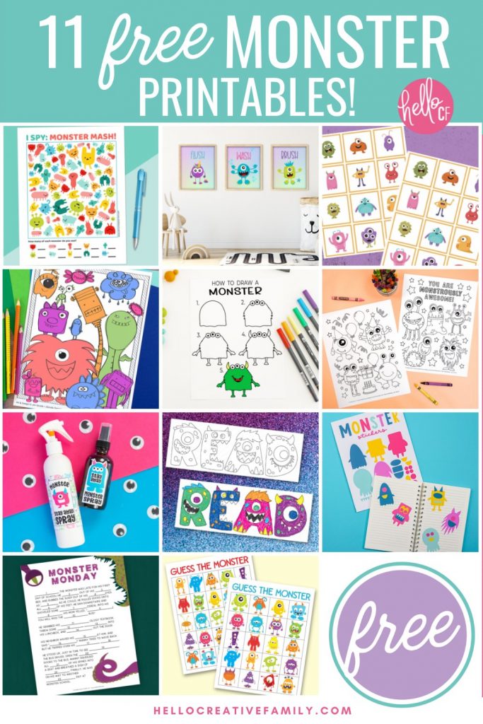 Download 11 free monster printables that your family is sure to love in our brand new monster printable collection! Includes a set of monster bathroom signs that say Flush, Wash and Brush for decorating kids bathrooms! Other free printables include monster spray, monster coloring sheets, monster activity sheets and more! Great for monster birthday decorations and fun!