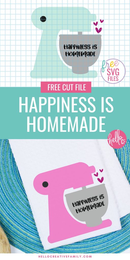 Spread a bit of happiness with our free Happiness Is Homemade SVG File. This kitchen themed cut file is perfect for making handmade gifts including DIY dish towels, mugs, shirts and more using your Cricut or other electronic cutting machine!