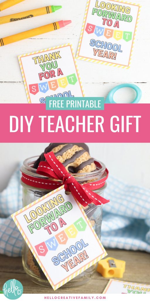 Make a sweet handmade teacher gift to show how much you care with this quick and easy craft! Pack a jar with your teachers favorite treats, and use our free teacher gift tag printable to decorate it with. Gift tag comes in two fun sayings-- 1 that's perfect for a beginning of the school year gift, and the other that's perfect for an end of the school year teacher gift, teacher appreciation, Christmas or anytime your teacher needs a pick me up! Cut by hand or with a Cricut!