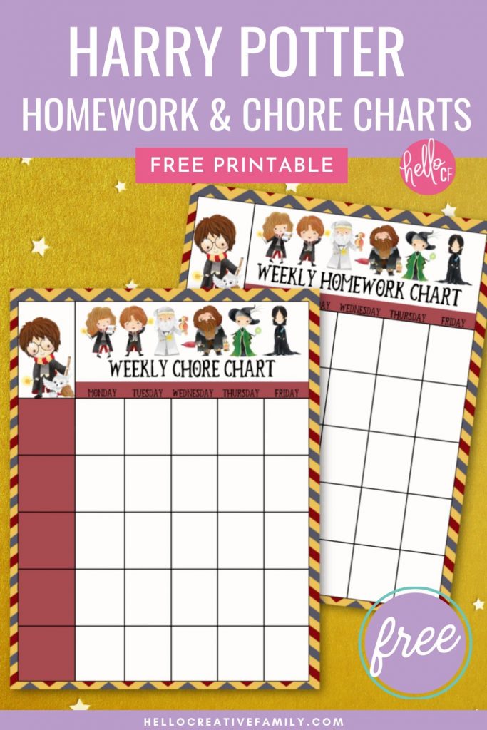 Keep your kids organized with these adorable free Harry Potter printables. Includes a chore chart and homework chart featuring Harry, Hermione, Ron, Dumbledore, Fawkes, Hagrid, McGonagall and Snape. #HarryPotter #Printables #FreePrintables #Organization #ChoreChart #homeworkchart #homeschooling #homeorganization