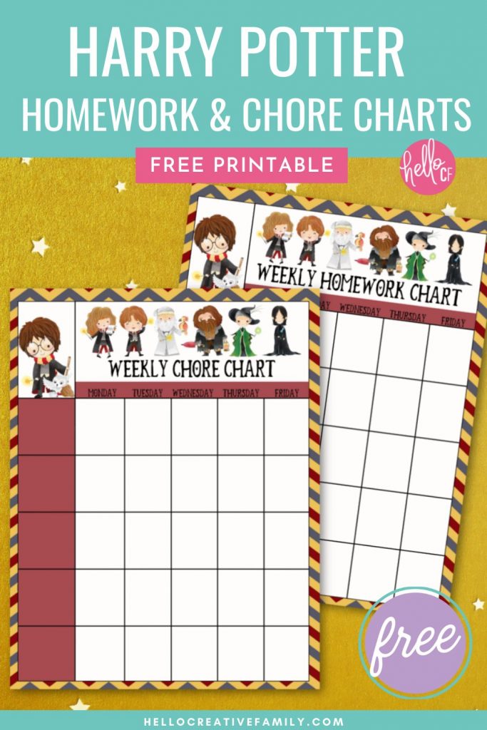 Keep your kids organized with these adorable free Harry Potter printables. Includes a chore chart and homework chart featuring Harry, Hermione, Ron, Dumbledore, Fawkes, Hagrid, McGonagall and Snape. #HarryPotter #Printables #FreePrintables #Organization #ChoreChart #homeworkchart #homeschooling #homeorganization