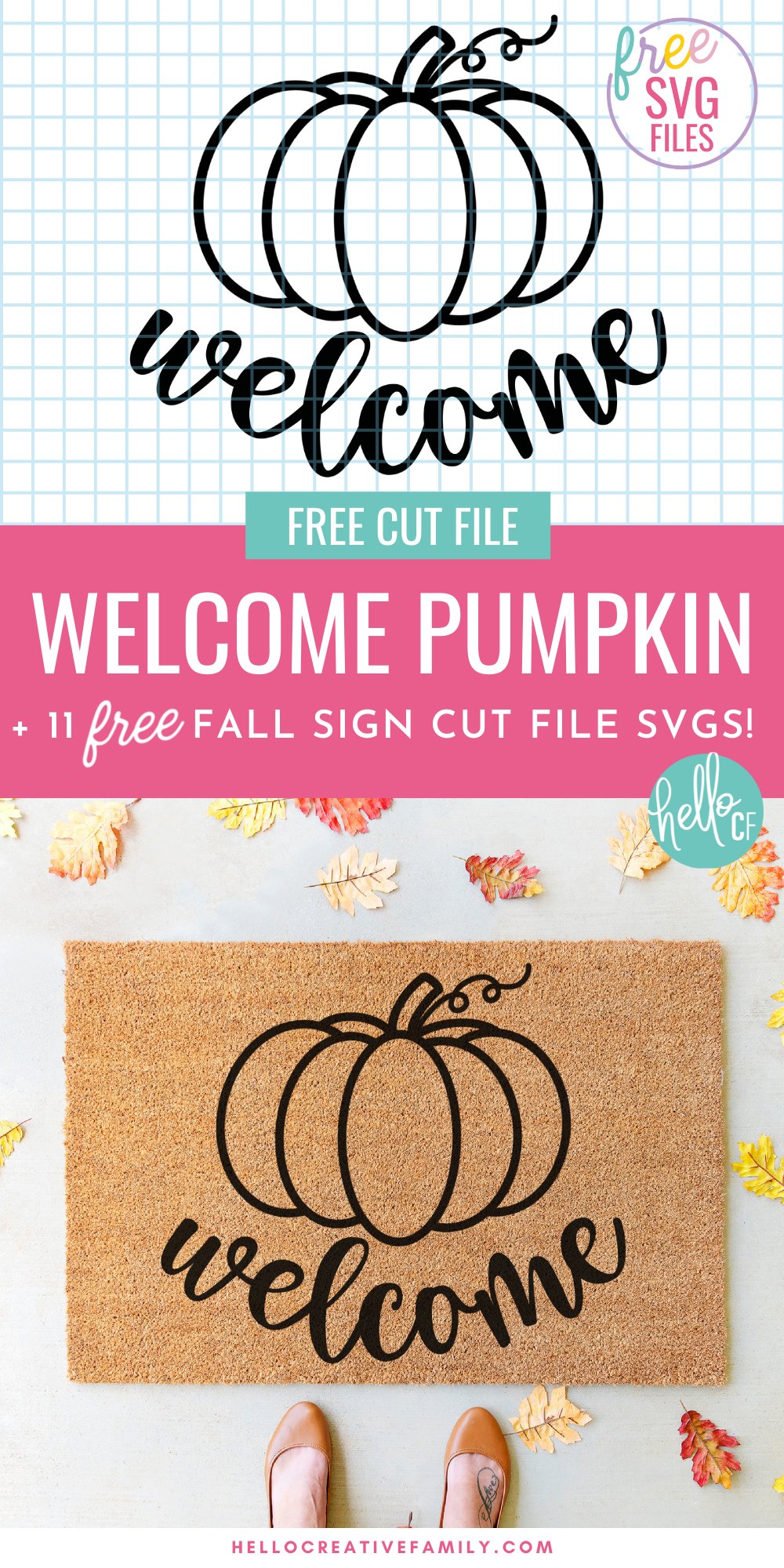 Decorate in fall hygge style with 11 free fall sign cut files including a Welcome Pumpkin SVG that is perfect for making doormats with! Design beautiful DIY autumn home decor using your Cricut or other electronic cutting machine!