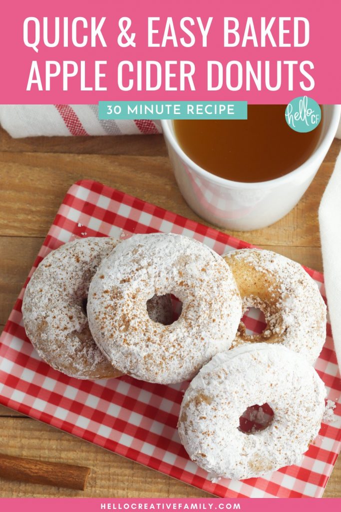 Make delicious old fashioned baked apple cider donuts in just 30 minutes with this quick and easy recipe! These soft, moist and tender cake donuts are coated in cinnamon and sugar and are the perfect fall hygge comfort food! Serve for breakfast, as a snack or for dessert! A family favorite!
