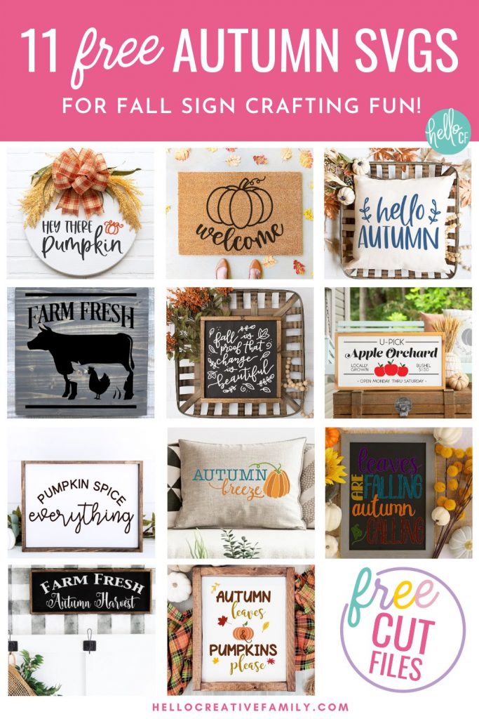 Decorate in fall hygge style with 11 free fall sign cut files including a Welcome Pumpkin SVG that is perfect for making doormats with! Design beautiful DIY autumn home decor using your Cricut or other electronic cutting machine!