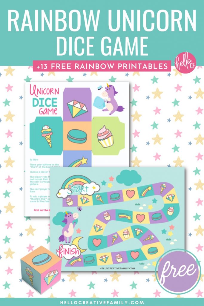 Have some rainbow unicorn magical fun with our free printable unicorn dice game. Includes a printable dice to cut out and assemble as well as an adorable printable board game covered with rainbows, diamonds, cupcakes, macarons and all things magical! We're also sharing the link to 13 free rainbow printables that kids and adults alike will love! Print these activity sheets out to keep kids entertained while travelling, on planes, at dinner and more! Perfect for birthday parties!