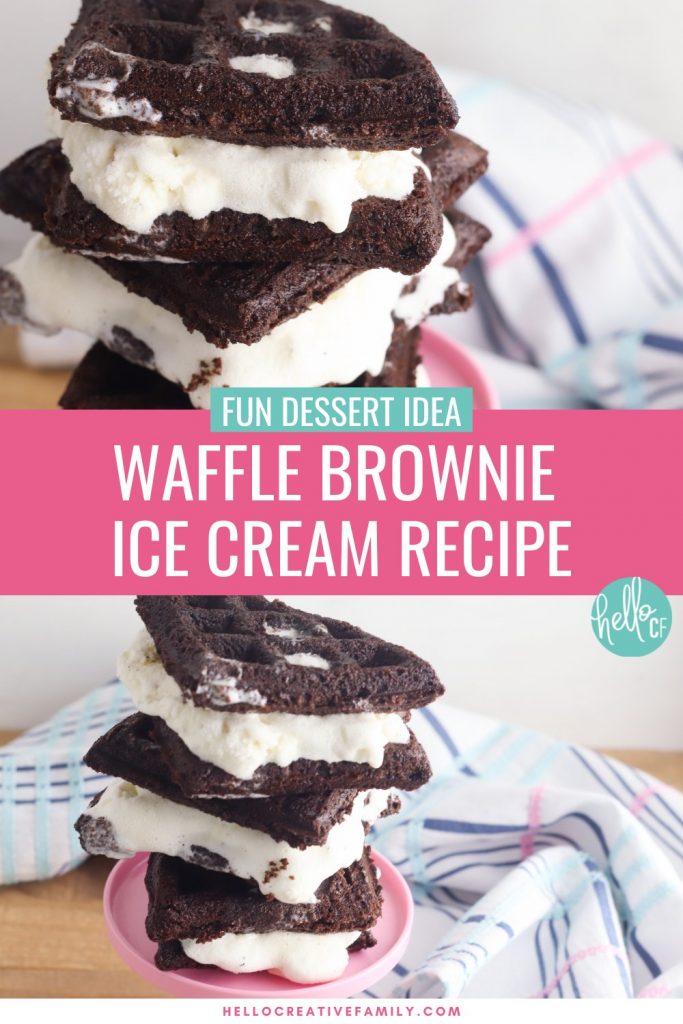 Ummmm YUM!!! Waffle Brownie Ice Cream Sandwiches?!?!? Yes please! Pull out that waffle maker, a box of brownie mix and a tub of ice cream and get ready to create your new favorite dessert idea! This recipe is so easy and the perfect hot summer day treat (or any season for comfort food). Make this homemade ice cream sandwich recipe once and you'll be batch cooking this dessert for your freezer! #IceCream #IceCreamSandwich #Summer #SummerRecipe #Recipe #DessertRecipe #Wafflebrownie