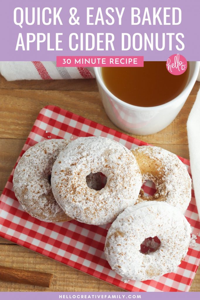 Make delicious old fashioned baked apple cider donuts in just 30 minutes with this quick and easy recipe! These soft, moist and tender cake donuts are coated in cinnamon and sugar and are the perfect fall hygge comfort food! Serve for breakfast, as a snack or for dessert! A family favorite!