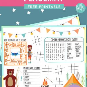 Heading camping? Grab this free camping activities printable placemat to keep the kids entertained at the campsite or on the road! This camping worksheet has a word scramble, maze, word search and tic-tac-toe! Also find 18 free camping and road trip themed printables! #Worksheets #Printables #Camping #kidsactivities #roadtrip #FreePrintable #ActivityPlacemat