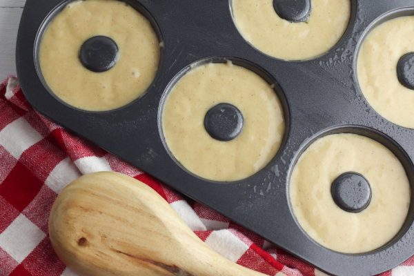 Pipe the batter into the prepared donut pans and bake for 10 minutes.