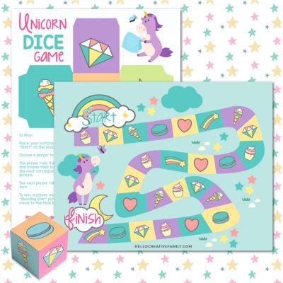 Have some rainbow unicorn magical fun with our free printable unicorn dice game. Includes a printable dice to cut out and assemble as well as an adorable printable board game covered with rainbows, diamonds, cupcakes, macarons and all things magical! We're also sharing the link to 13 free rainbow printables that kids and adults alike will love! Print these activity sheets out to keep kids entertained while travelling, on planes, at dinner and more! Perfect for birthday parties!