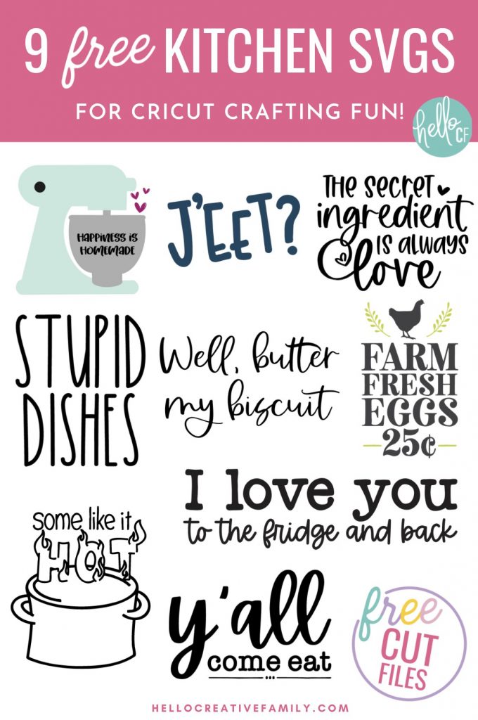 Make handmade gifts for the kitchen including DIY kitchen signs, handmade tea towels and more using our 9 free kitchen cut files! Spread a bit of happiness with our free Happiness Is Homemade SVG File. This kitchen themed cut file is perfect for making handmade gifts including DIY dish towels, mugs, shirts and more using your Cricut or other electronic cutting machine!