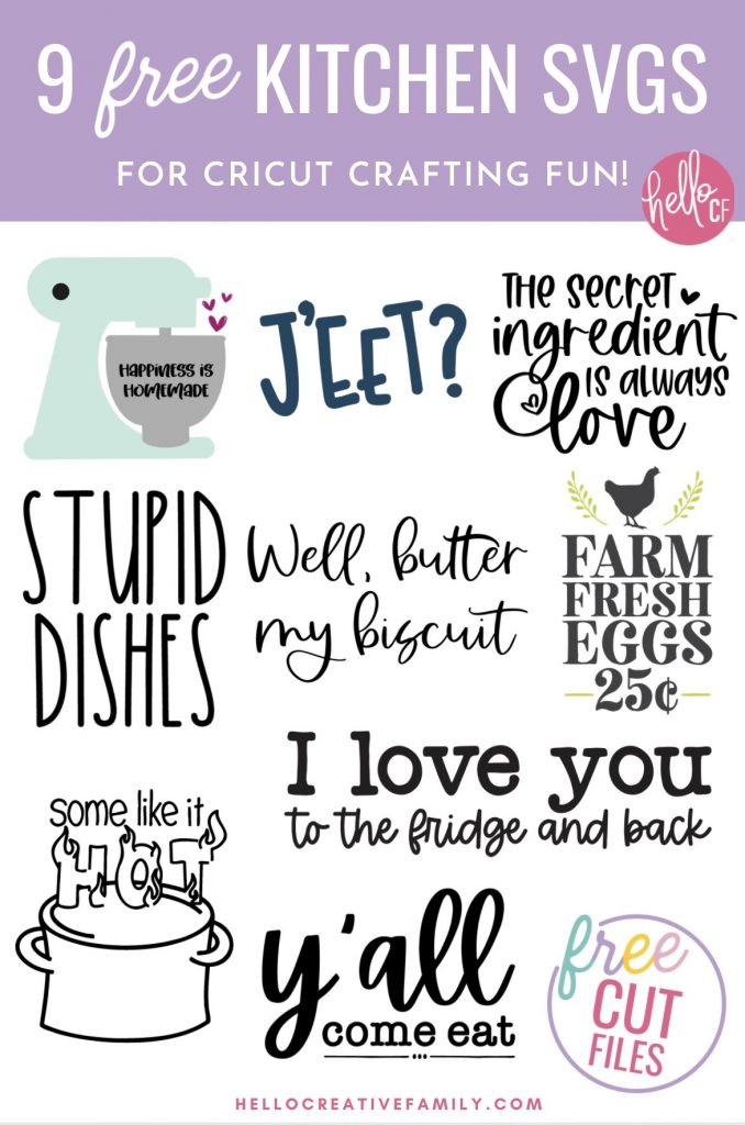 Make handmade gifts for the kitchen including DIY kitchen signs, handmade tea towels and more using our 9 free kitchen cut files! Spread a bit of happiness with our free Happiness Is Homemade SVG File. This kitchen themed cut file is perfect for making handmade gifts including DIY dish towels, mugs, shirts and more using your Cricut or other electronic cutting machine!