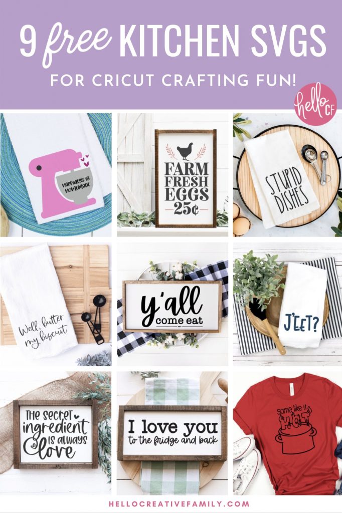 Make handmade gifts for the kitchen including DIY kitchen signs, handmade tea towels and more using our 9 free kitchen cut files! Spread a bit of happiness with our free Happiness Is Homemade SVG File. This kitchen themed cut file is perfect for making handmade gifts including DIY dish towels, mugs, shirts and more using your Cricut or other electronic cutting machine!