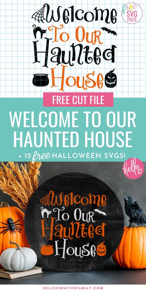 Who's ready for some Halloween Crafting Fun? Download 12 Free Halloween Cut Files including a Haunted House Halloween Welcome Sign SVG! So many fun cut files to help celebrate everyone's favorite spooky season! Make awesome DIY Halloween projects using your Cricut or other electronic cutting machine!
