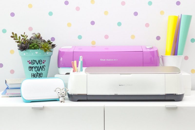Cricut Maker, Cricut Explore Air 2 and Cricut Joy sitting in front of white wall with colorful polkadots