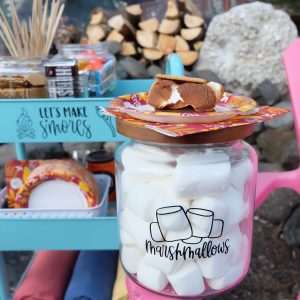 Adorable smores cart and smores supplies sitting in front of a beautiful cabin in BC