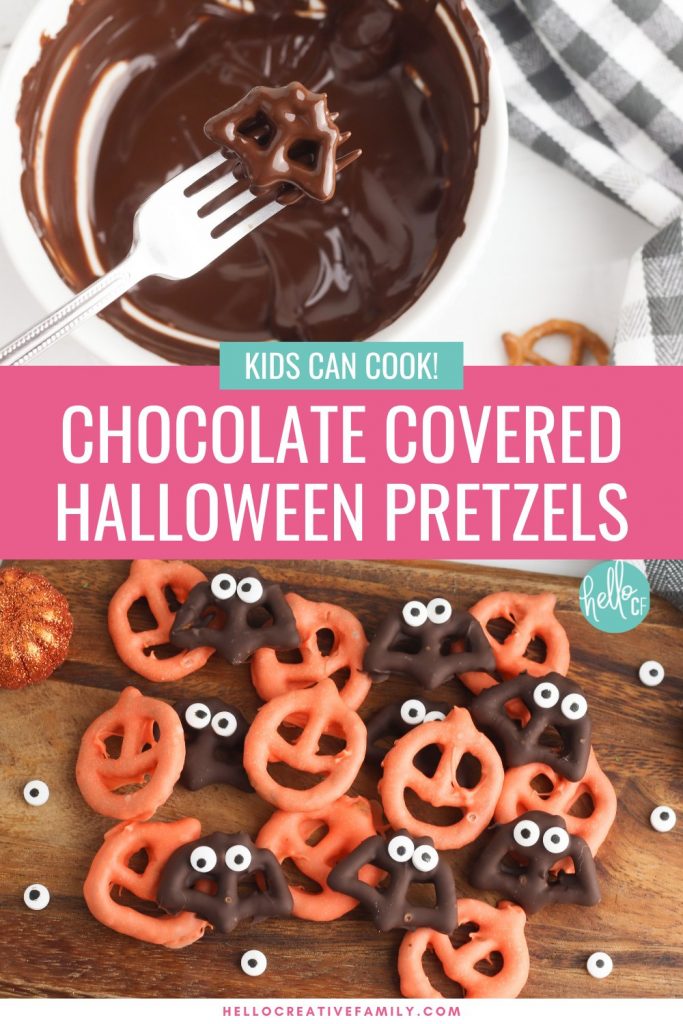 No baking required for this quick and easy Halloween snack idea! These spooky chocolate covered Halloween pretzels are perfect for a Halloween party, a neighbor Halloween treat bag, or a Halloween snack for kids to take to school! Your kids will love making them! You'll love watching them eat them as you carve Halloween pumpkins and other fun Halloween activities!