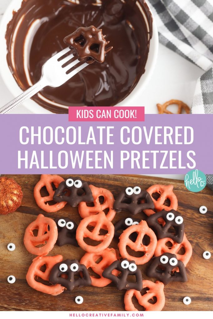 No baking required for this quick and easy Halloween snack idea! These spooky chocolate covered Halloween pretzels are perfect for a Halloween party, a neighbor Halloween treat bag, or a Halloween snack for kids to take to school! Your kids will love making them! You'll love watching them eat them as you carve Halloween pumpkins and other fun Halloween activities!