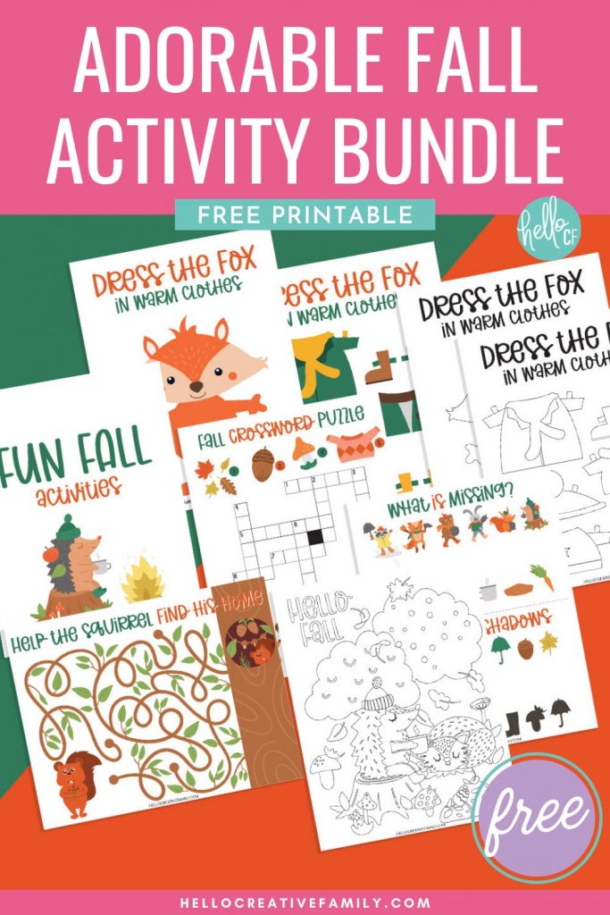 Print these free printable fall coloring pages and activities to use in the classroom or at home with kids. Some are specific to the fall season while others can be used all-year. This free printable bundle includes fall color sheets, an autumn crossword puzzle, an adorable fox paper doll and clothing, guess the shadow, and more.