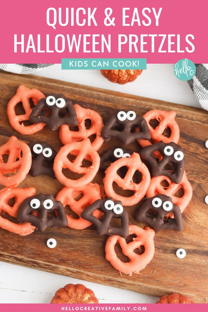 No baking required for this quick and easy Halloween snack idea! These spooky chocolate covered Halloween pretzels are perfect for a Halloween party, a neighbor Halloween treat bag, or a Halloween snack for kids to take to school! Your kids will love making them! You'll love watching them eat them as you carve Halloween pumpkins and other fun Halloween activities!