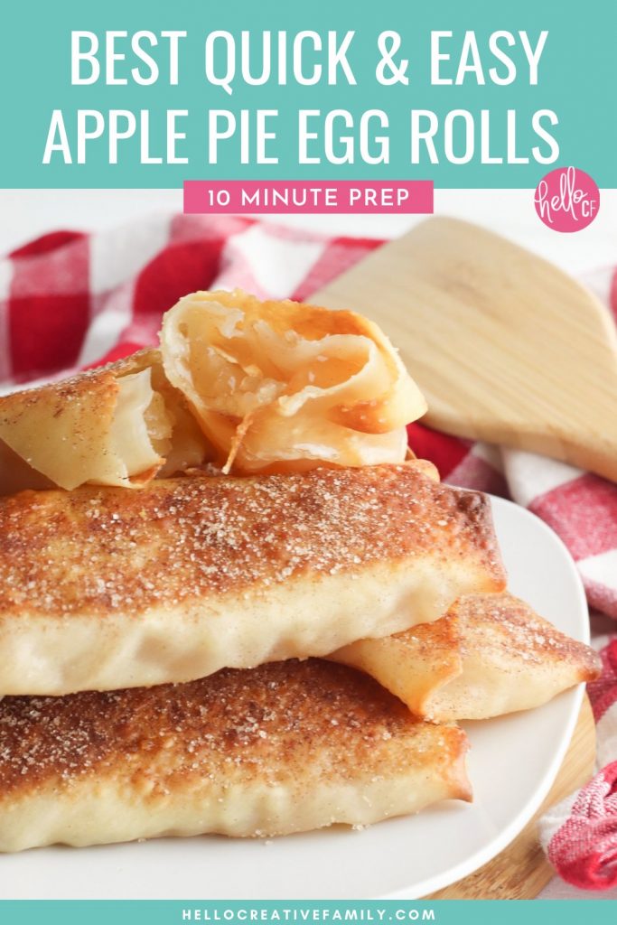 This delicious comfort food tastes just like a slice of apple pie with a hint of cinnamon and nutmeg. These quick and easy apple pie egg rolls are one of the best family friendly recipes and can be enjoyed for breakfast, snack time or dessert!