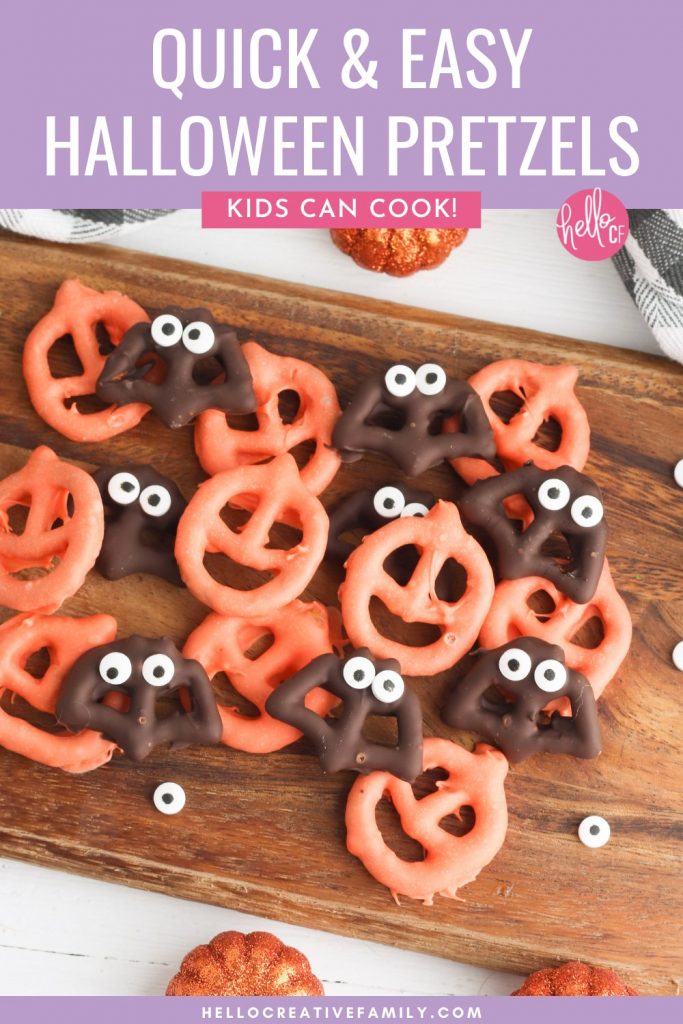 No baking required for this quick and easy Halloween snack idea! These spooky chocolate covered Halloween pretzels are perfect for a Halloween party, a neighbor Halloween treat bag, or a Halloween snack for kids to take to school! Your kids will love making them! You'll love watching them eat them as you carve Halloween pumpkins and other fun Halloween activities!
