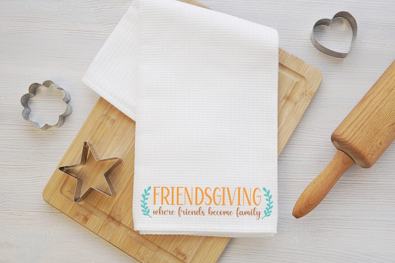 DIY Friendsgiving dish towel made with the Cricut.