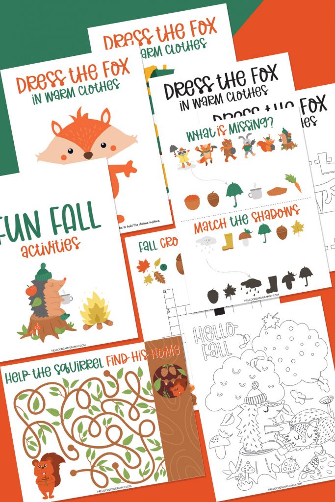 Print these free printable fall coloring pages and activities to use in the classroom or at home with kids. Some are specific to the fall season while others can be used all-year. This free printable bundle includes fall color sheets, an autumn crossword puzzle, an adorable fox paper doll and clothing, guess the shadow, and more.
