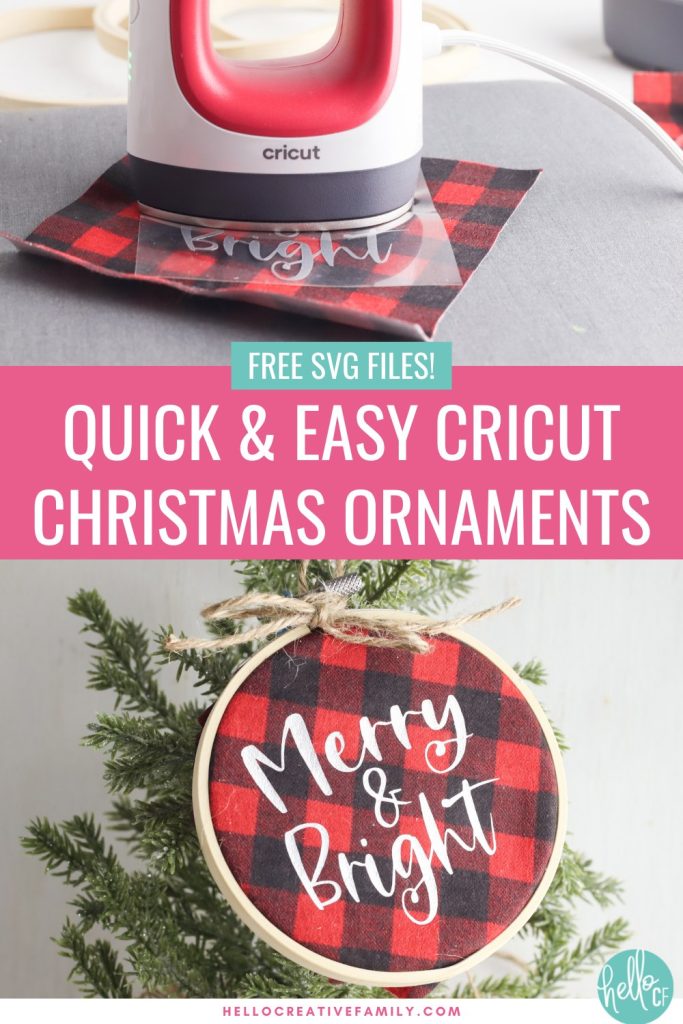 Learn how to make Buffalo plaid ornaments with the help of the Cricut Explore Air, Cricut Maker or Cricut Joy. These DIY Buffalo Plaid Christmas Ornaments combine mini embroidery hoops and HTV to make a quick and easy Christmas craft to decorate your Christmas tree! Includes three free Christmas SVGs!