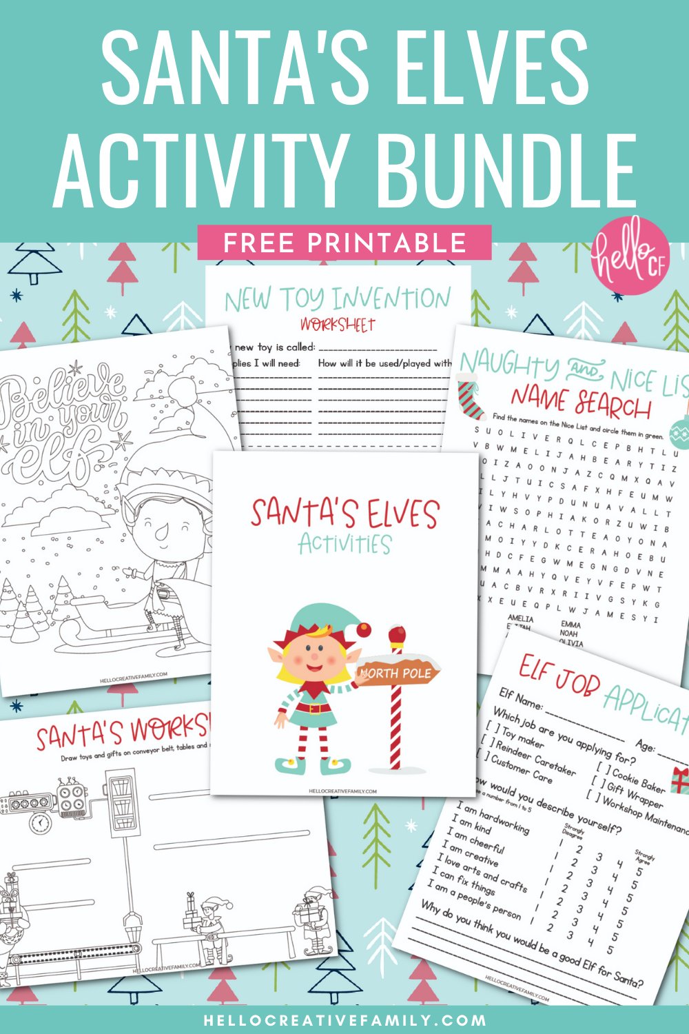 Get in the Christmas spirit with this fun holiday elf printable activity bundle including an Elf Job Application, Santa's Elf Coloring Sheet, Naughty And Nice Name Search and more! Also includes 14 free Santa printables for tons of holiday cheer!