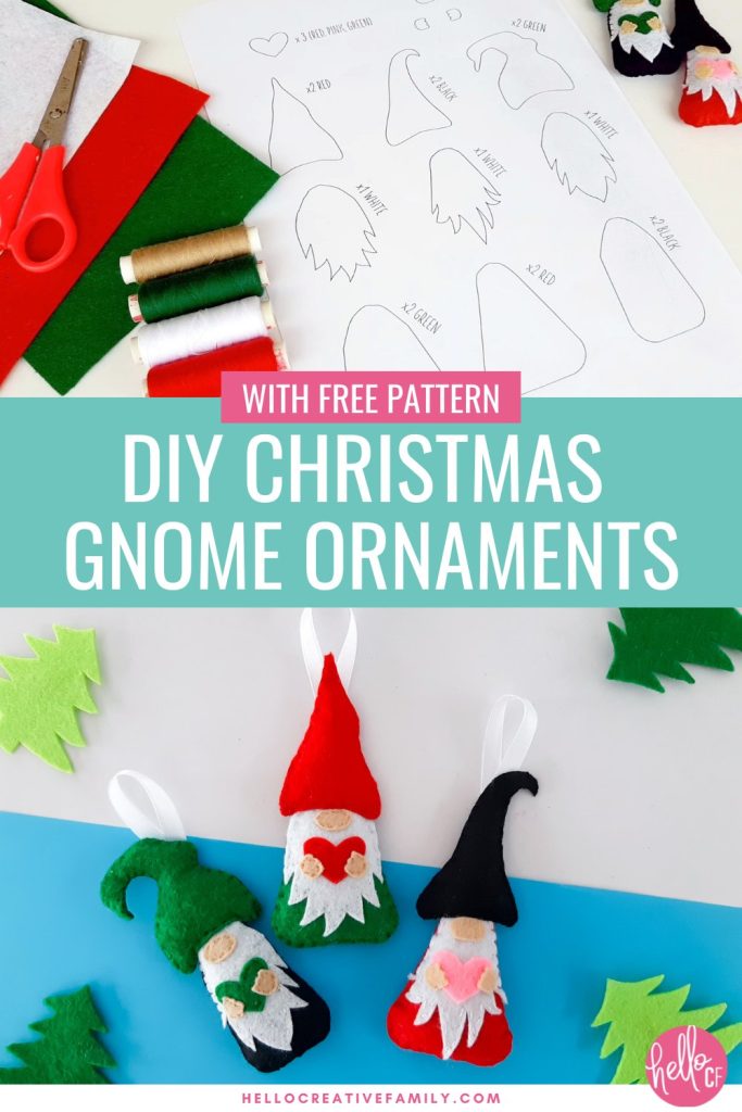Bring a burst of cheerfulness to your home by making these cute DIY Christmas gnome ornaments. This sweet sewing project is perfect for beginners. Includes a free printable pattern template and step by step photos. Not into sewing? Make this a no-sew Christmas project with a bit of glue!